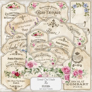 Étiquettes imprimables, emplacements pour carnets de photos, étiquettes cadeaux, scrapbooking, fournitures créatives en papier, typographie française - Fleurs