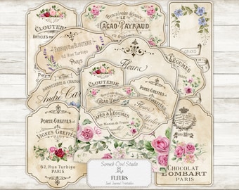 French Floral Labels: Junk Journal Ephemera (Digital Download)