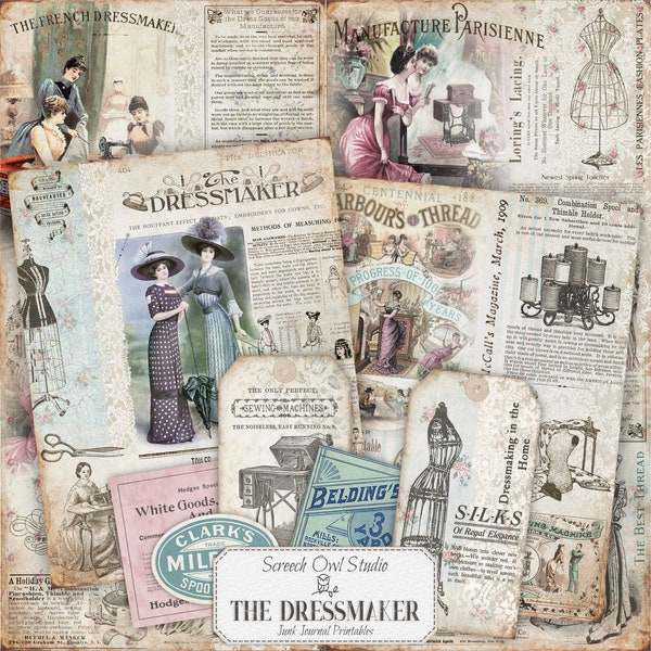 Printable Vintage Advertising Ephemera, Collage Sheet, Junk Journaling, Papercraft, Scrapbooking - The Dressmaker