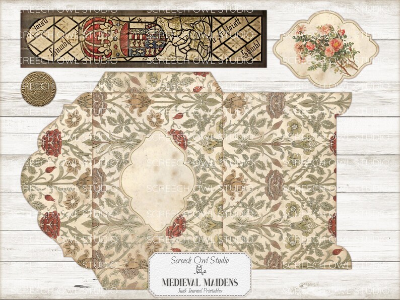 Junk Journal Printables, Paper Craft, Scrapbooking, Vintage Journal Pages and Ephemera - Medieval Maidens.  Instant Digital Download.  Screech Owl Studio printables.