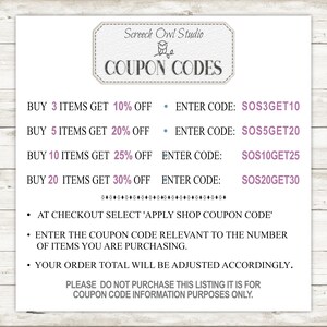 Puede incluir: Una hoja de c&oacute;digos de cup&oacute;n blanca y rosa con el texto "Screech Owl Studio Coupon Codes". La hoja enumera diferentes c&oacute;digos de descuento para comprar 3, 5, 10 o 20 art&iacute;culos. Los c&oacute;digos son: SOS3GET10, SOS5GET20, SOS10GET25 y SOS20GET30.