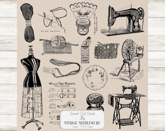 Vintage Needlework Digistamps, 70 PNG Images, Clip Art