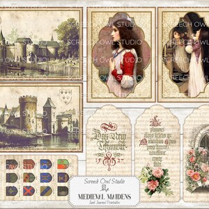 Junk Journal Printables, Paper Craft, Scrapbooking, Vintage Journal Pages and Ephemera - Medieval Maidens.  Instant Digital Download.  Screech Owl Studio printables.