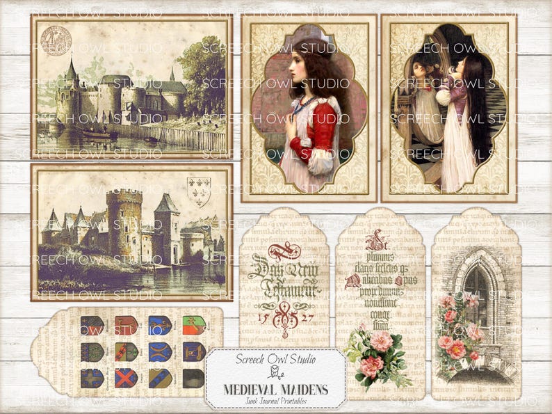 Junk Journal Printables, Paper Craft, Scrapbooking, Vintage Journal Pages and Ephemera - Medieval Maidens.  Instant Digital Download.  Screech Owl Studio printables.
