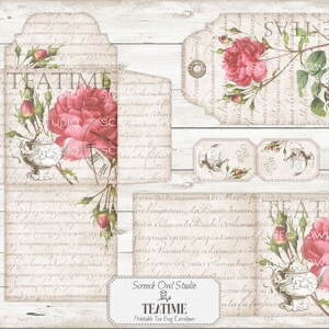Printable Tea Bag Envelopes, Roses, Gift Cards and Tags, Tea Party Stationery, Junk Journal Ephemera, Instant Digital Download - Teatime