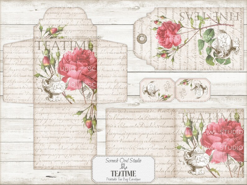 Printable Tea Bag Envelopes, Roses, Gift Cards and Tags, Tea Party Stationery, Junk Journal Ephemera, Instant Digital Download - Teatime