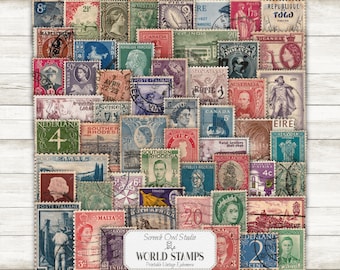 Vintage World Stamps Ephemera: Scrapbooking, Junk Journals (JPG, PNG Digital Download)