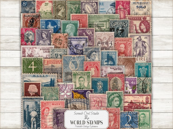 Vintage World Stamps Ephemera: Scrapbooking, Junk Journals (JPG