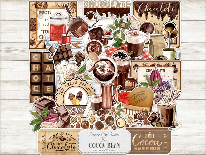 Cocoa Bean Printable Stickers, Chocolate Fussy Cuts, Card Making, Scrapbooking, Junk Journal Ephemera, Paper Craft, Collage Sheet.  Screech Owl Studio instant download.