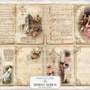 Junk Journal Printables, Paper Craft, Scrapbooking, Vintage Journal Pages and Ephemera - Medieval Maidens.  Instant Digital Download.  Screech Owl Studio printables.