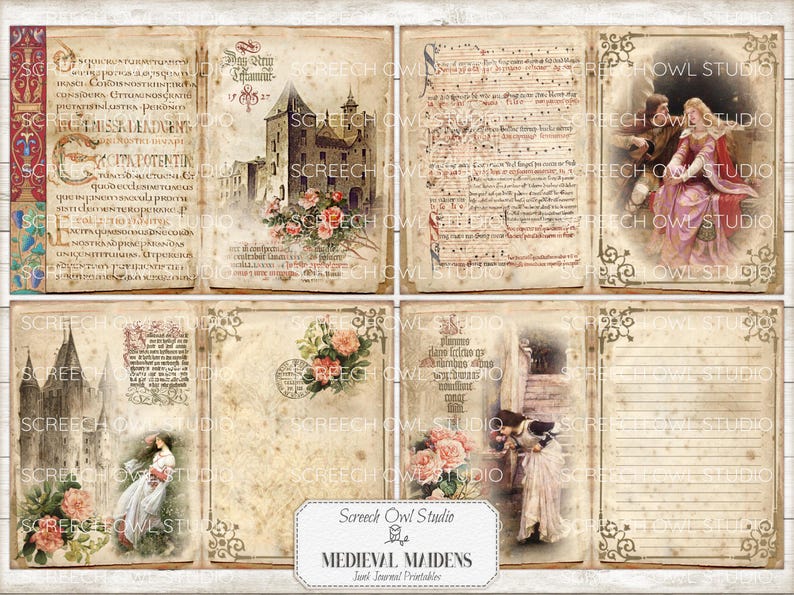 Junk Journal Printables, Paper Craft, Scrapbooking, Vintage Journal Pages and Ephemera - Medieval Maidens.  Instant Digital Download.  Screech Owl Studio printables.
