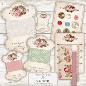 Druckbare Spitze, Band und Garnspulen, Knopfkarten, Nähzubehör, Fadenhalter, Junk Journal Ephemera, Papiermodelle - Sew Pretty