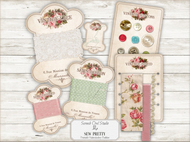 Printable Lace, Ribbon and Thread Bobbins, Button Cards, Sewing Supplies, Thread Keepers, Junk Journal Ephemera, Paper Craft - Sew Pretty