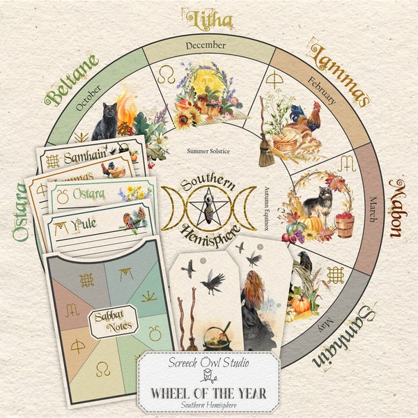 Southern Hemisphere Wheel of the Year, Sabbat Note Cards, Pagan Festivals, Book of Shadows, Journaling, Wiccan, Witch, Paper Craft Supplies