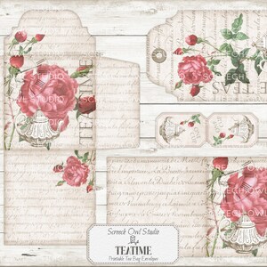 Printable Tea Bag Envelopes, Roses, Gift Cards and Tags, Tea Party Stationery, Junk Journal Ephemera, Instant Digital Download - Teatime
