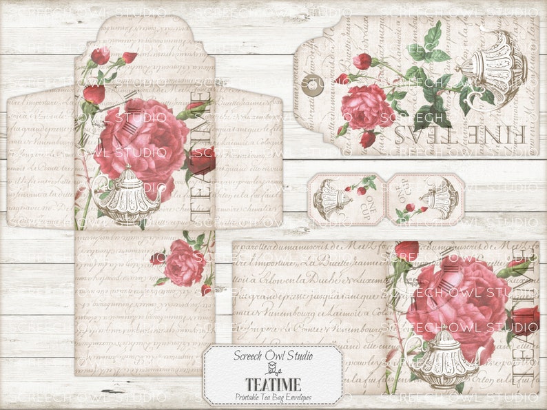 Printable Tea Bag Envelopes, Roses, Gift Cards and Tags, Tea Party Stationery, Junk Journal Ephemera, Instant Digital Download - Teatime