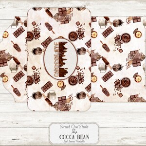 Puede incluir: Papel digital imprimible con tem&aacute;tica de chocolate. El dise&ntilde;o presenta un patr&oacute;n repetitivo de barras de chocolate, chispas de chocolate, tazas de chocolate caliente y otras im&aacute;genes relacionadas con el chocolate. El texto "Chocolate" est&aacute; escrito en un c&iacute;rculo en el centro del dise&ntilde;o. El texto "Screech Owl Studio" y "Cocoa Bean" est&aacute; en la parte inferior del dise&ntilde;o.