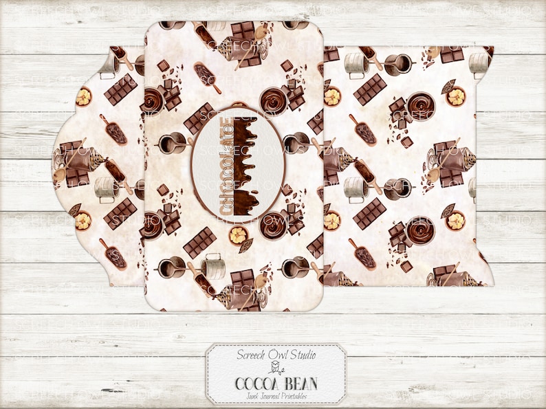 Puede incluir: Papel digital imprimible con tem&aacute;tica de chocolate. El dise&ntilde;o presenta un patr&oacute;n repetitivo de barras de chocolate, chispas de chocolate, tazas de chocolate caliente y otras im&aacute;genes relacionadas con el chocolate. El texto "Chocolate" est&aacute; escrito en un c&iacute;rculo en el centro del dise&ntilde;o. El texto "Screech Owl Studio" y "Cocoa Bean" est&aacute; en la parte inferior del dise&ntilde;o.