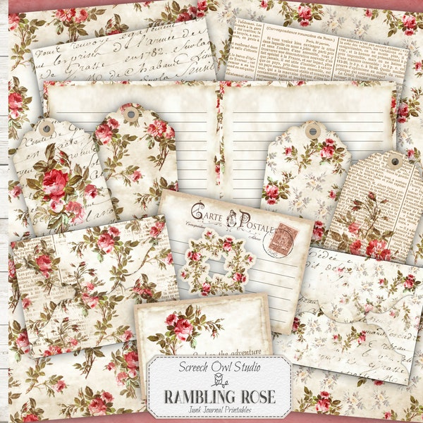 Junk Journal Papers and Elements, Scrapbooking, Printable Paper Craft Supplies, Journaling Ephemera - Rambling Rose