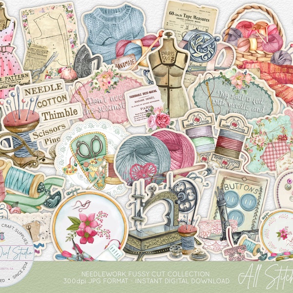 Needlework Fussy Cut Collection, Sewing, Crochet, Kitting, Embroidery, Card Making and Scrapbooking, Journal Ephemera, Paper Craft Stickers