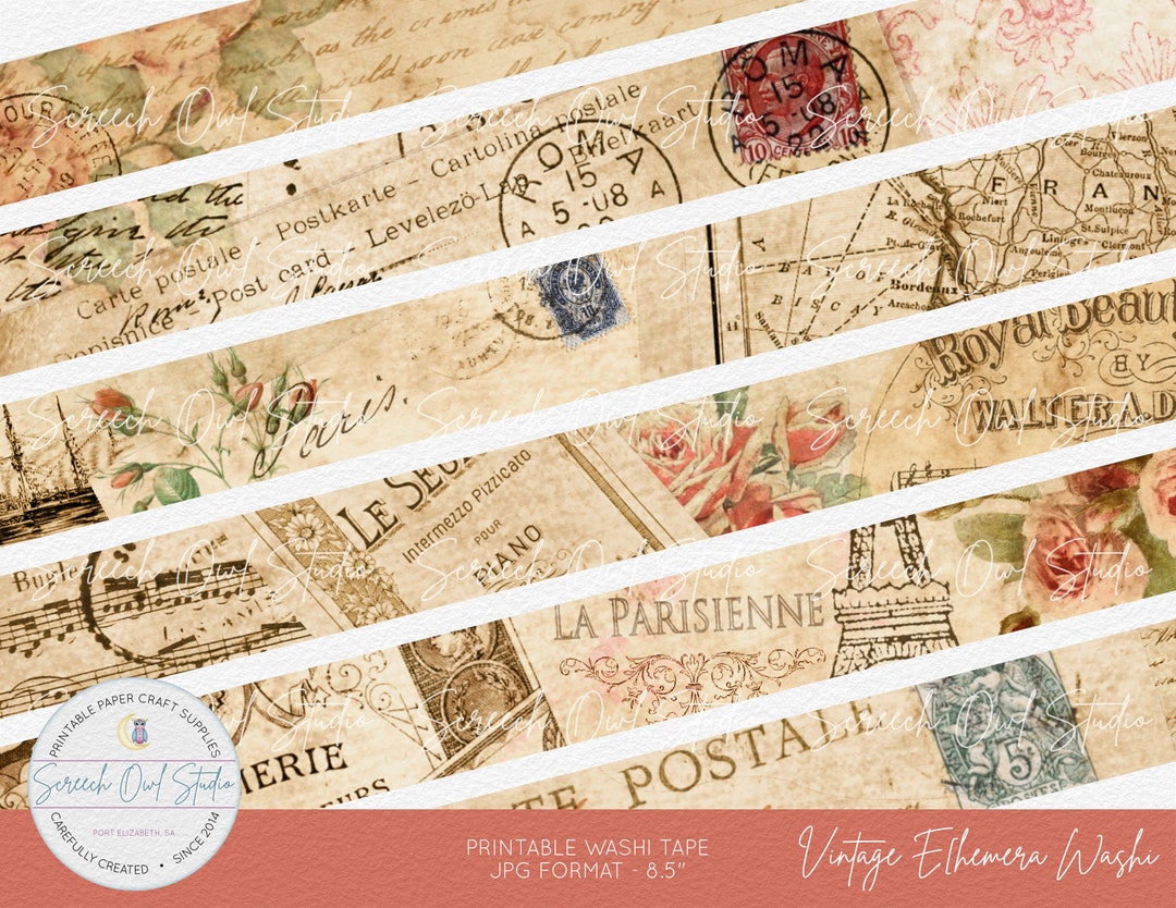 Printable Vintage Washi Tape, Scrapbook Elements, Collage Sheet, Junk