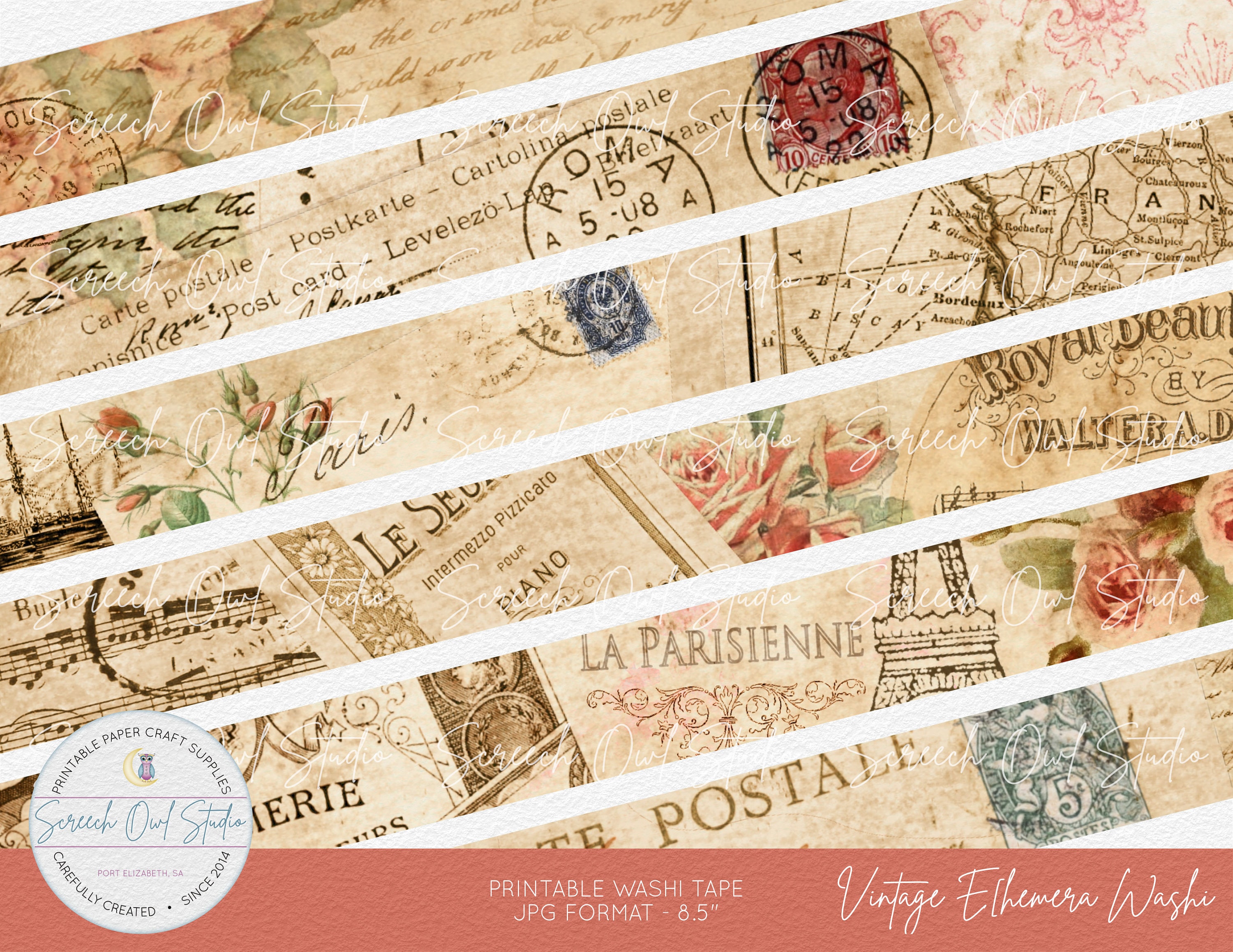 Printable Vintage Washi Tape, Scrapbook Elements, Collage Sheet