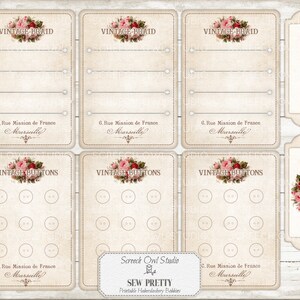 May include: Printable vintage-style labels for sewing supplies. The labels feature a floral design with the text "Vintage Braid" and "Vintage Buttons". There are also labels for "Sewing Supplies" and a label with the text "Screech Owl Studio Sew Pretty Printable Haberdashery Labels".