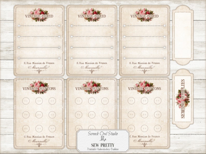 May include: Printable vintage-style labels for sewing supplies. The labels feature a floral design with the text "Vintage Braid" and "Vintage Buttons". There are also labels for "Sewing Supplies" and a label with the text "Screech Owl Studio Sew Pretty Printable Haberdashery Labels".