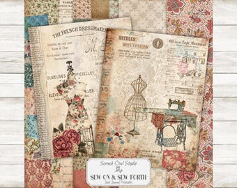 Vintage Sewing Journal Kit: Ephemera, Printable Paper (Digital Download)