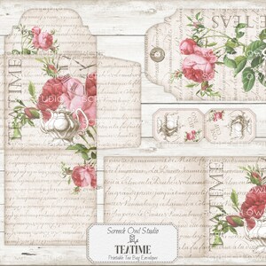 Printable Tea Bag Envelopes, Roses, Gift Cards and Tags, Tea Party Stationery, Junk Journal Ephemera, Instant Digital Download - Teatime