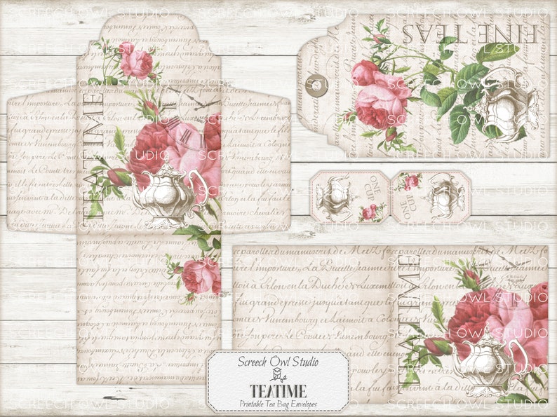 Printable Tea Bag Envelopes, Roses, Gift Cards and Tags, Tea Party Stationery, Junk Journal Ephemera, Instant Digital Download - Teatime