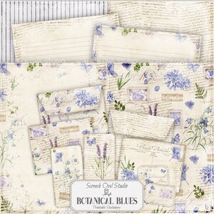 Papelería imprimible, papel para escribir cartas y sobres, papel decorativo, etiquetas para regalos y postales, tamaño A4 y carta de EE. UU. - Botanical Blues
