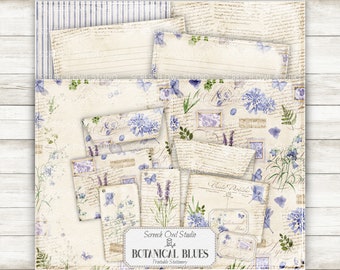 Botanical Blues Printable Stationery Set: Letter Paper, Envelopes, Tags (A4/US Letter) (Digital Download)