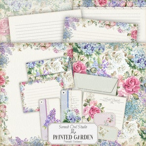 Papel y sobres para escribir, papelería imprimible, papeles de fondo, etiquetas de regalo y postales, tamaño A4 y carta de EE. UU. - Painted Garden