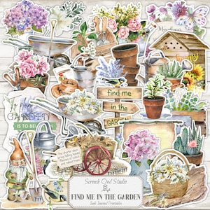 Druckbare Garten Fussy Cut Aufkleber, Scrapbooking, Kartenherstellung, Garten Journal Ephemera, Junk Journal, Papiermodelle - Finde mich im Garten