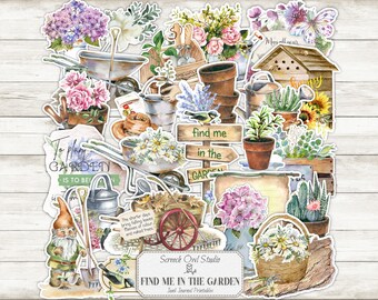 Watercolor Garden Stickers: Scrapbook Ephemera (Digital Download)