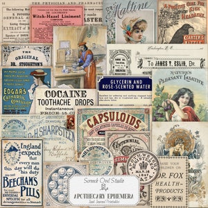 Vintage Apotheker Werbung Ephemera, Collage Sheet, Printable Journal Ephemera, Papierwesen, Junk Journal Zubehör, Journal Karten.