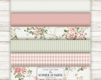 May include: A digital paper pack with six different patterns. The patterns include a white background with small gray dots, a solid light pink, a white background with pink roses, a green and white striped pattern, a pink and white diamond pattern, and a white background with pink roses. The paper pack is titled "Summer Sunshine" and is by "Screech Owl Studio".