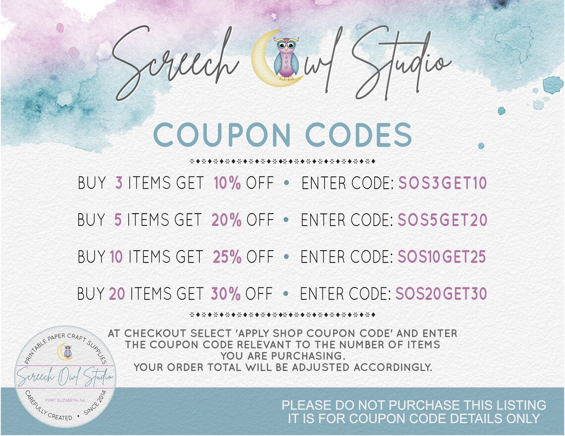 Coupon Codes for Screech Owl Studio Promo Codes Discount Etsy UK