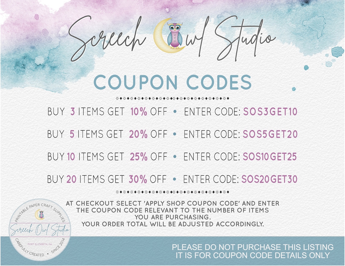 Coupon Codes for Screech Owl Studio Promo Codes Discount Etsy UK