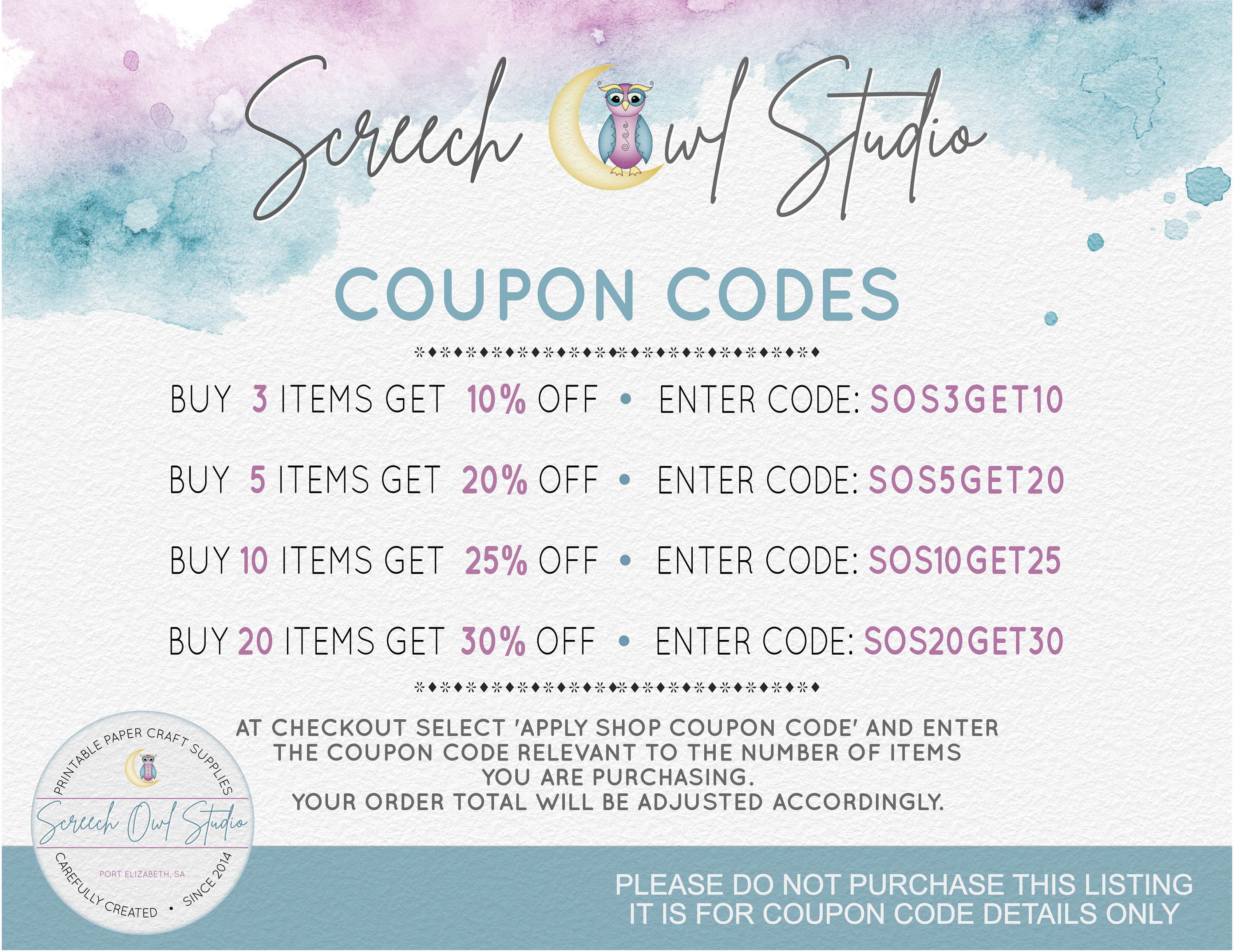 Coupon Codes for Screech Owl Studio Promo Codes Discount Etsy Australia