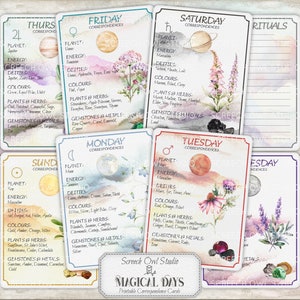 Correspondencias de días mágicos de la semana, Libro de las sombras, Grimorio, Cartas alteradas de brujas, Plantas y hierbas, Planetas, Piedras preciosas
