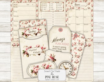 Pink Rose Perpetual Calendar Cards: Junk Journal Ephemera (Digital Download)