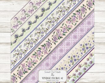 Vintage Floral Washi Tape Strips: Printable Paper Craft Borders (Digital Download)