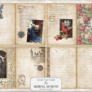 Puede incluir: Un kit de diario imprimible con tem&aacute;tica medieval. Las p&aacute;ginas presentan papel rayado con bordes decorativos. La portada presenta una ilustraci&oacute;n de un castillo y el texto "Medieval Moments" con las palabras "Just Journal Printables" debajo.