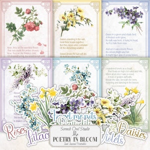 Screech Owl Studio Wydrukowane karty dziennika i wycinane naklejki, rzemiosło papierowe, scrapbooking, tworzenie kartek, dziennik śmieciowy - Poetry in Bloom