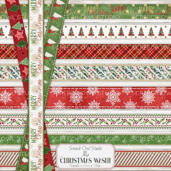 Christmas Washi Tape, Printable Collage Sheet, Junk Journal, Christmas Crafts, Paper Craft, Card Making, Scrapbooking.