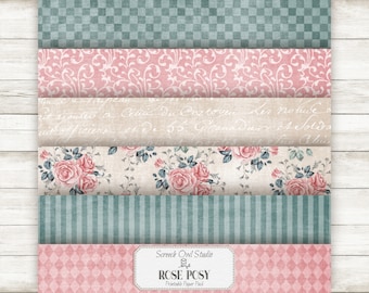 May include: A digital paper pack with six different patterns. The patterns include a pink and white floral design, a light blue and white checkered pattern, a light blue and white striped pattern, a light blue and white floral pattern, a light beige pattern with white script, and a pink and white diamond pattern. The paper pack is titled "Rose Posy" and is from "Screech Owl Studio".