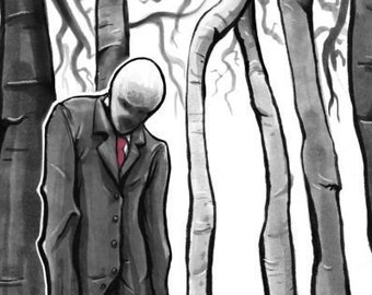 May include: Black and white illustration of a slender figure with long, thin limbs standing in a forest. The figure is wearing a suit and tie. The figure's face is blank and featureless. The background is a dark forest with tall trees.