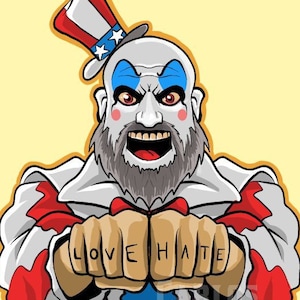 Puede incluir: Una ilustración de dibujos animados de un payaso con barba blanca y un sombrero rojo, blanco y azul. El payaso lleva un traje blanco y rojo con detalles azules. El payaso tiene una expresión amenazante y está haciendo un puño con cada mano. Las palabras "LOVE HATE" están tatuadas en los nudillos de los puños del payaso.